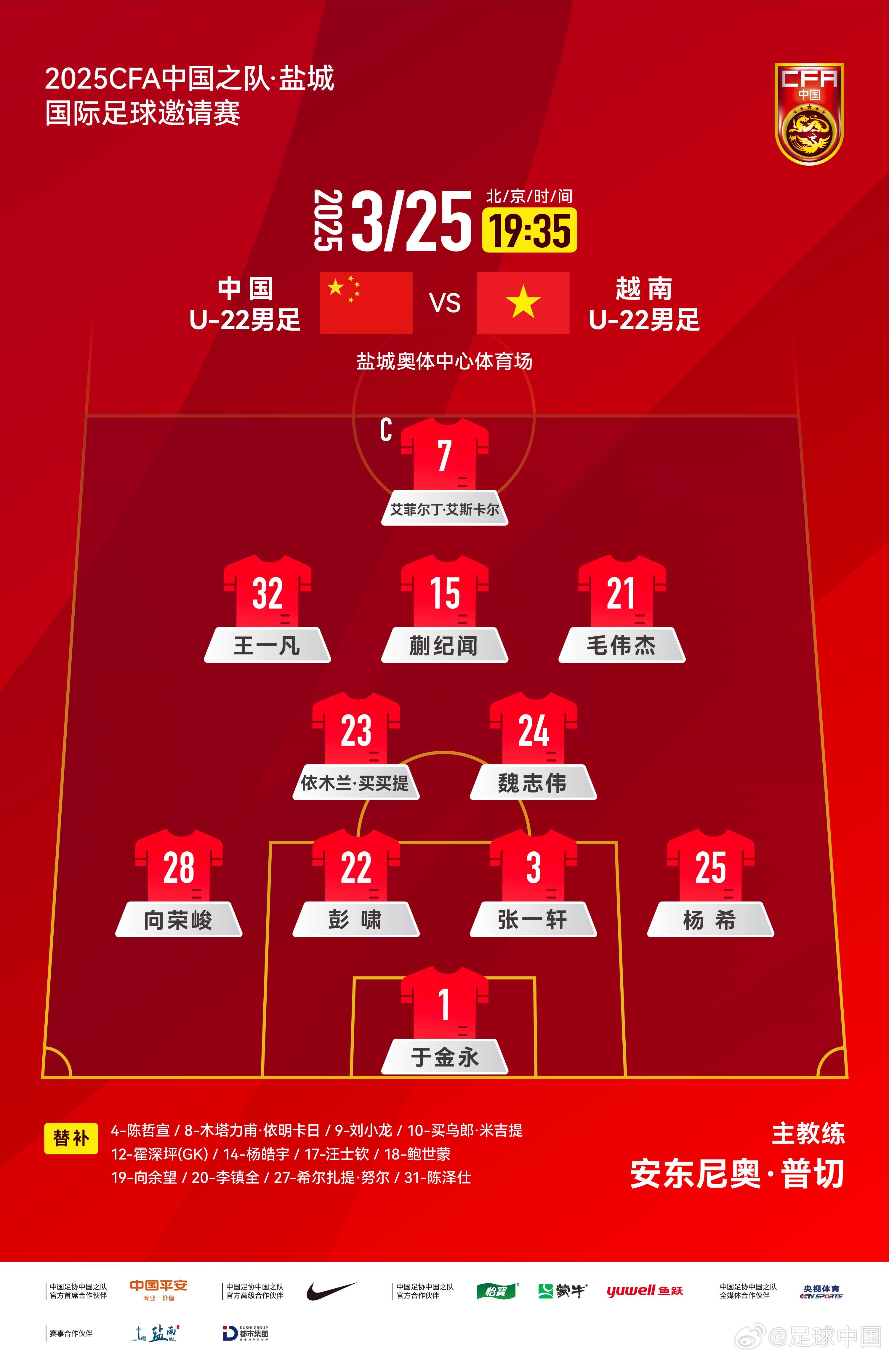 鹽城國(guó)際足球邀請(qǐng)賽中國(guó)U-22男足vs越南U-22男足，中國(guó)隊(duì)首發(fā)陣容