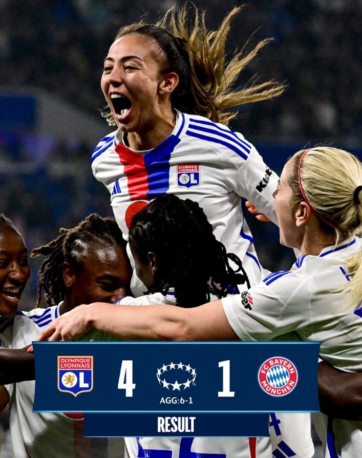 里昂女足4-1大勝拜仁女足，總比分6-1晉級女足歐冠半決賽